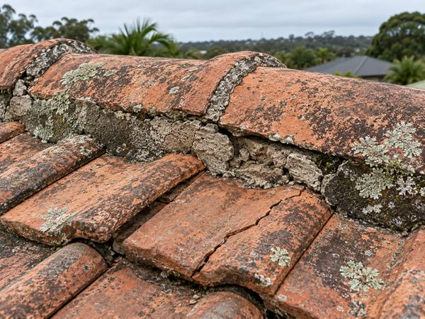 Photo 1: Cracked mortar along a tiled roof ridge. Illustration
