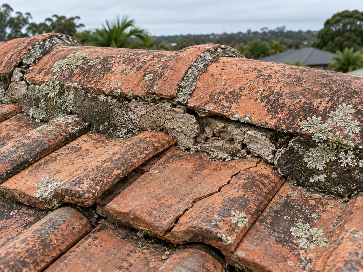 Close-up of a terracotta ridge with cracked, crumbling pointing, lichen and a cracked tile. Illustration