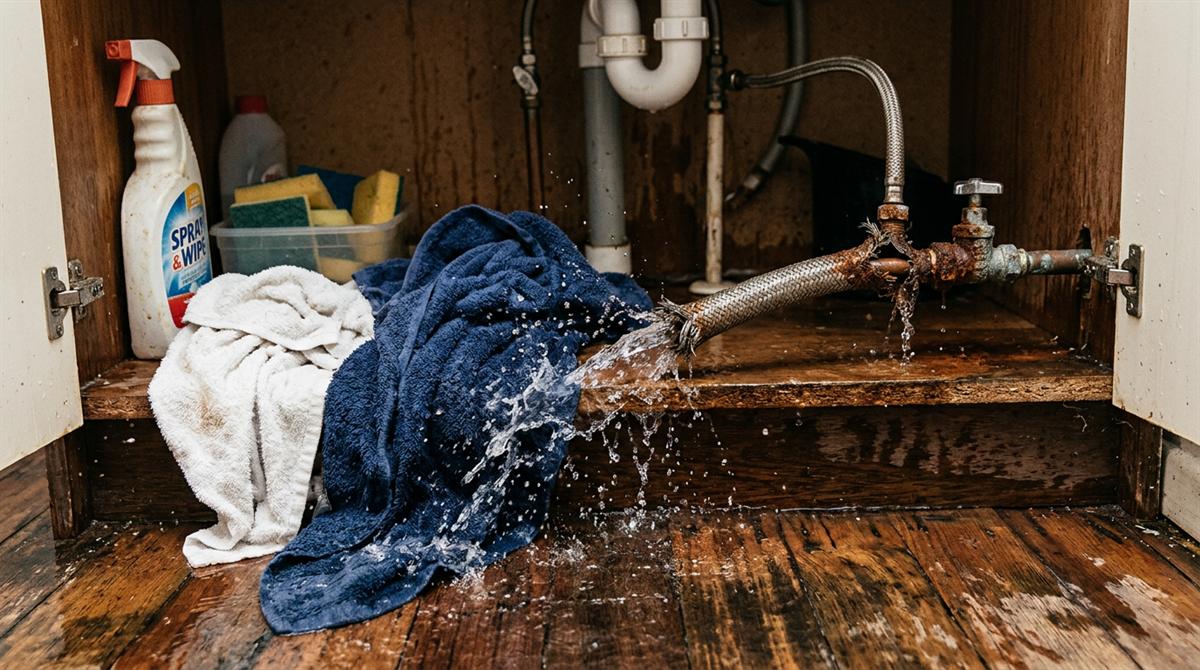 A rusty braided flexi hose under a vanity bursting and flooding the floor