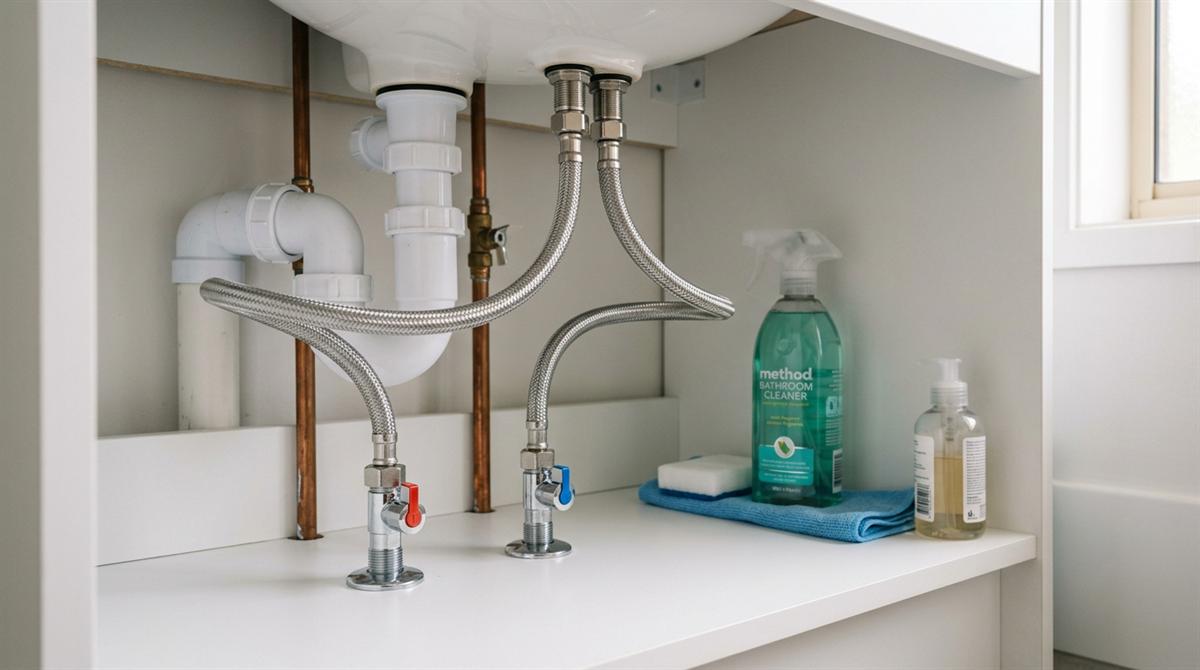 New braided flexi hoses fitted under a vanity, cabinet dry