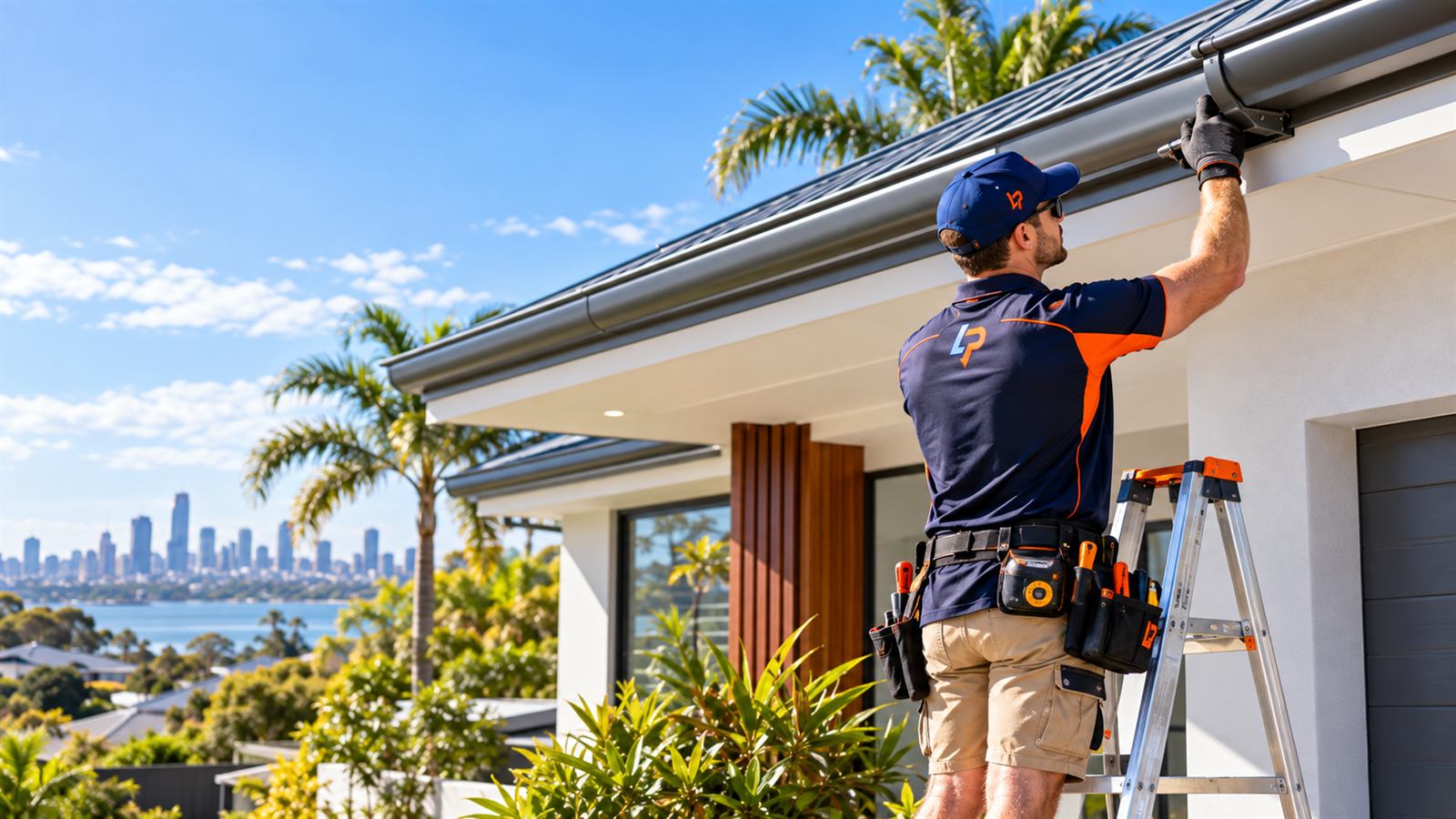 A tradie checking gutters on a Brisbane home