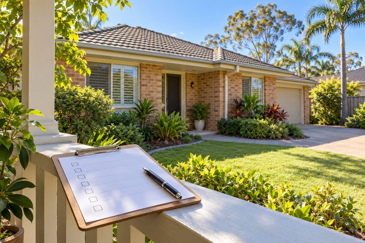 Blank checklist and pen on a verandah rail overlooking a brick home with a tiled roof and tropical garden.