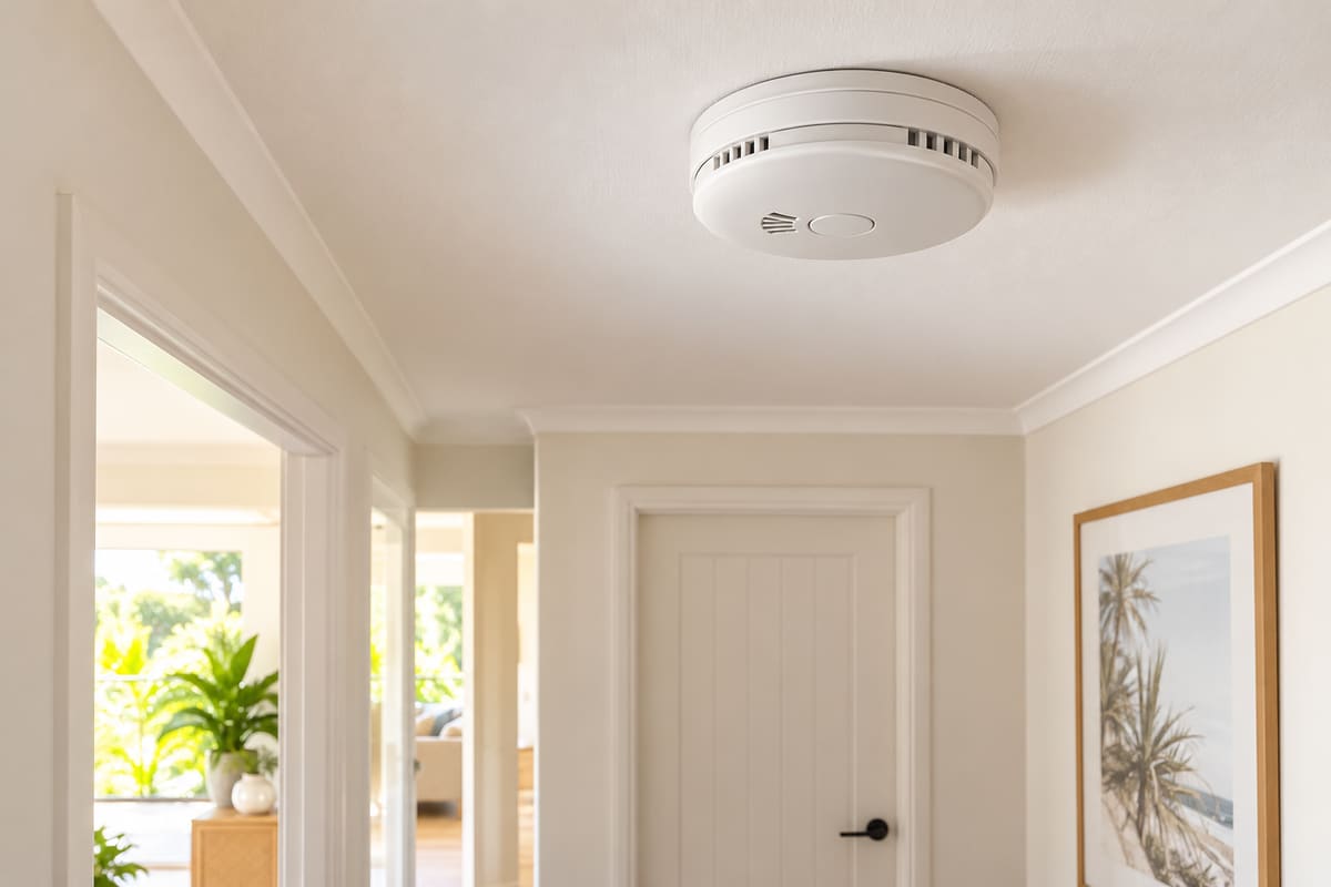 White smoke alarm on a bright hallway ceiling above a closed bedroom door.
