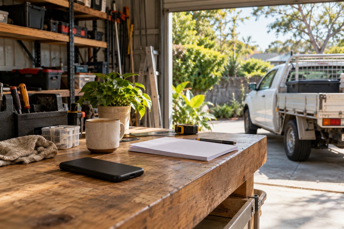 Face down phone, coffee cup and blank papers on a workbench, with a ute beyond an open roller door.