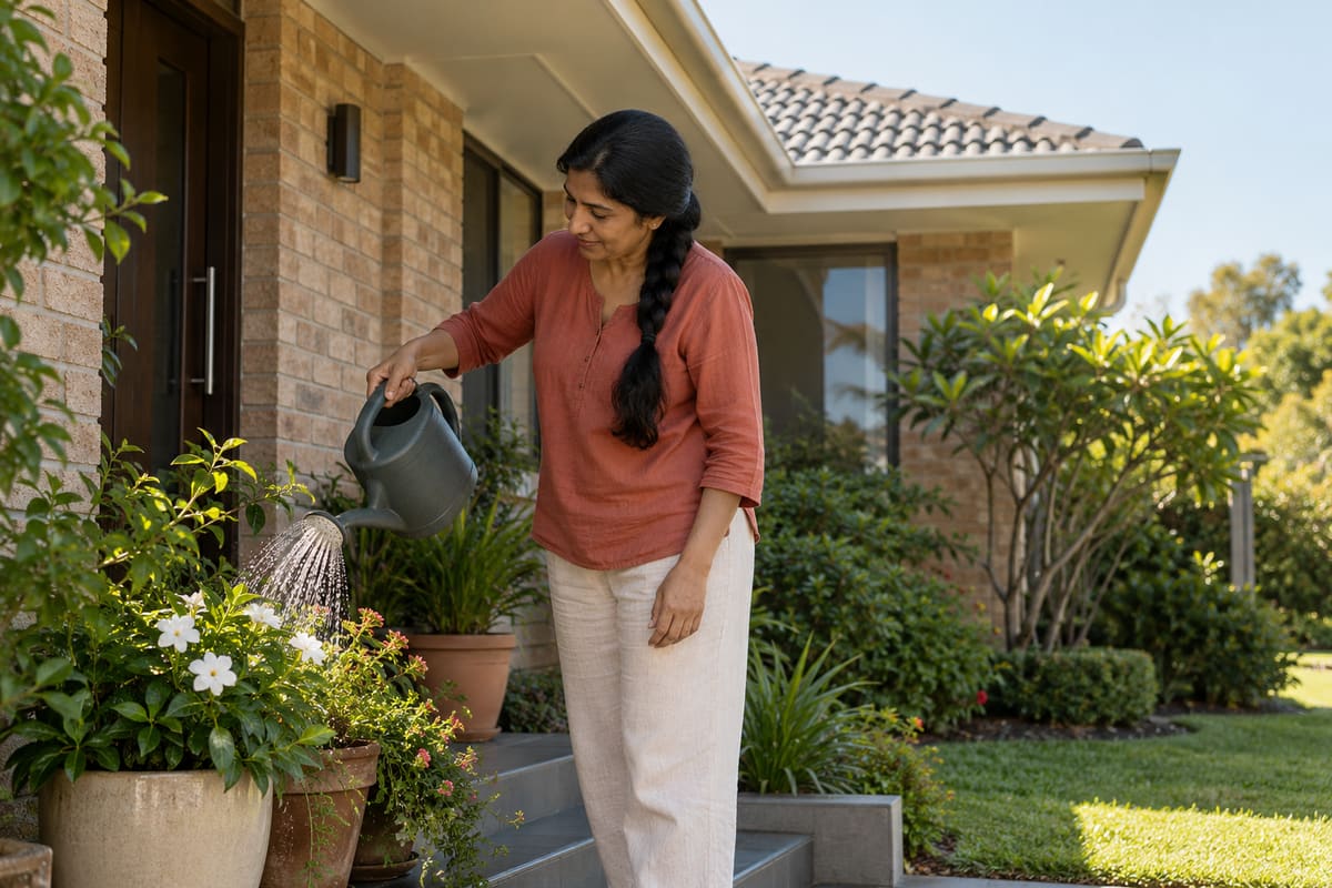 Woman watering potted plants on the front steps of a brick home beneath clean gutters.