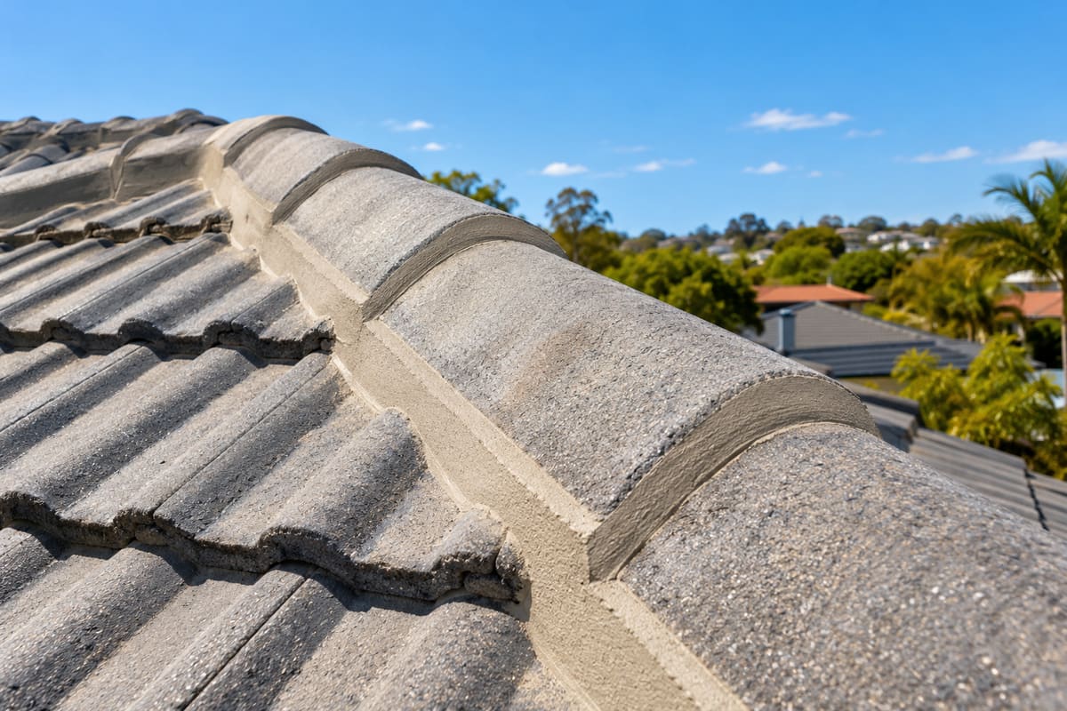 Fresh pointing along ridge capping on a grey concrete tile roof beneath blue sky.