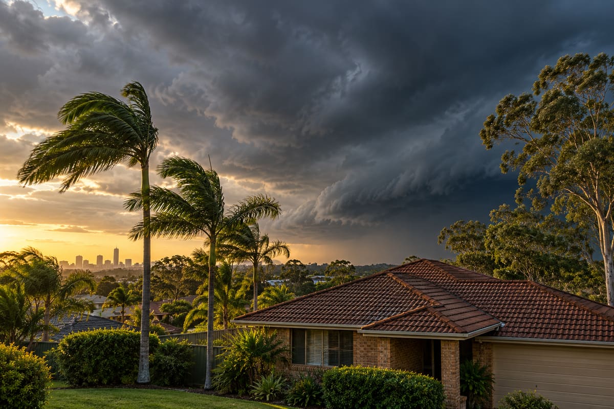 Dark storm clouds above a tiled brick home, with windblown palms in late afternoon light.