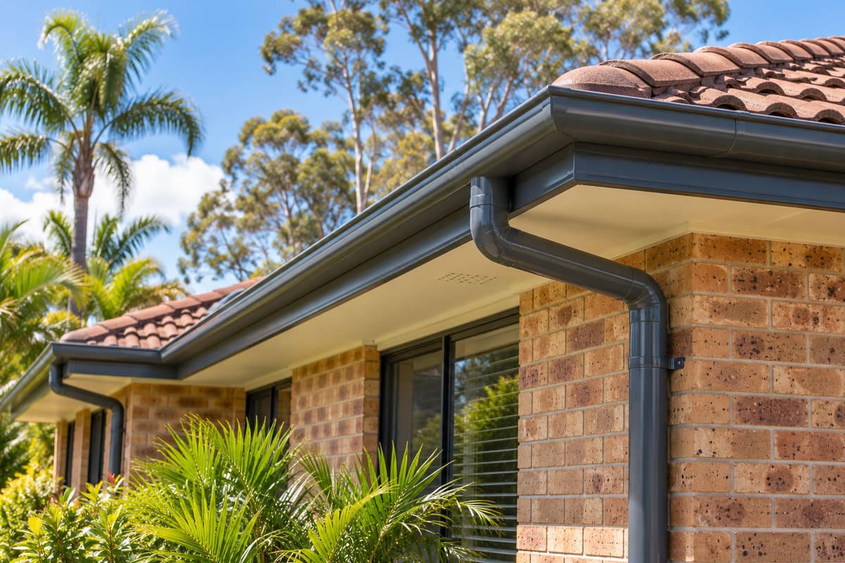 Clean dark grey gutters and downpipes run along a single-storey brick home beneath a blue sky.