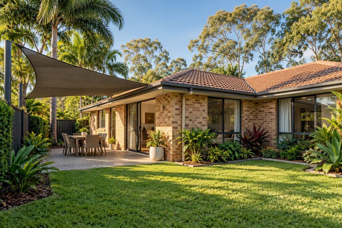 A tidy brick home with a tiled roof, neat lawn, tropical garden and shade sail over a patio.