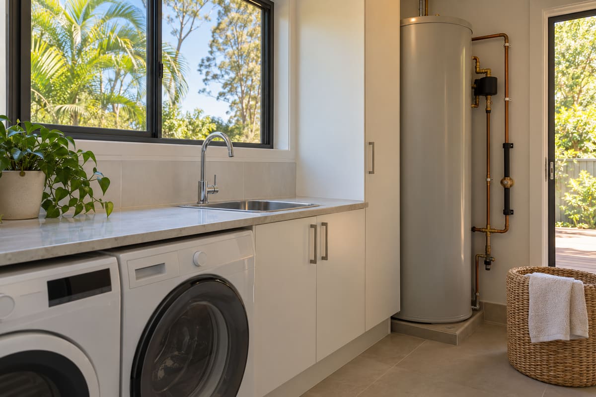 A bright laundry with chrome tapware, white cabinets and a hot water cylinder with exposed pipework.