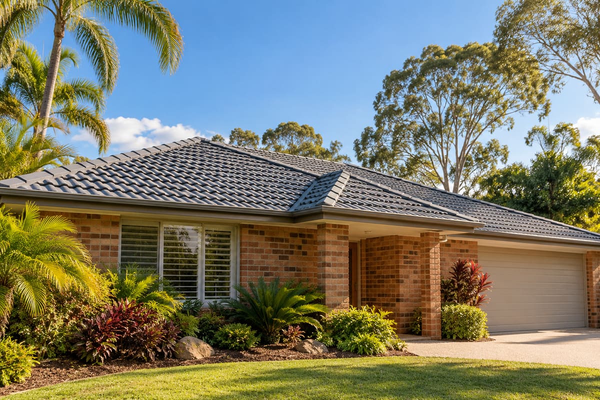 A neat grey tiled roof tops a brick home surrounded by palms and gum trees under a blue sky.