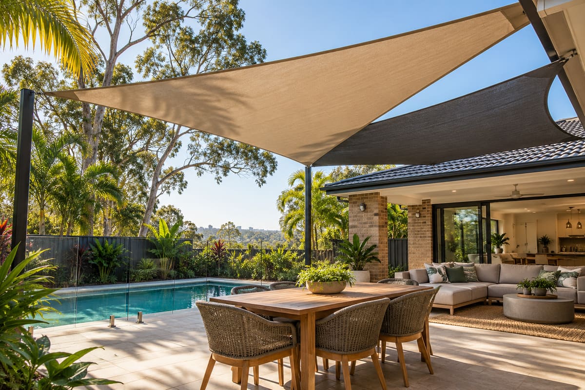 Two taut shade sails cover a backyard dining area beside a pool and brick home.