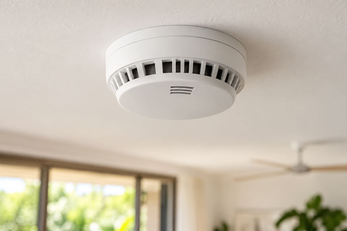 A white vented smoke alarm mounted on a softly lit white ceiling.