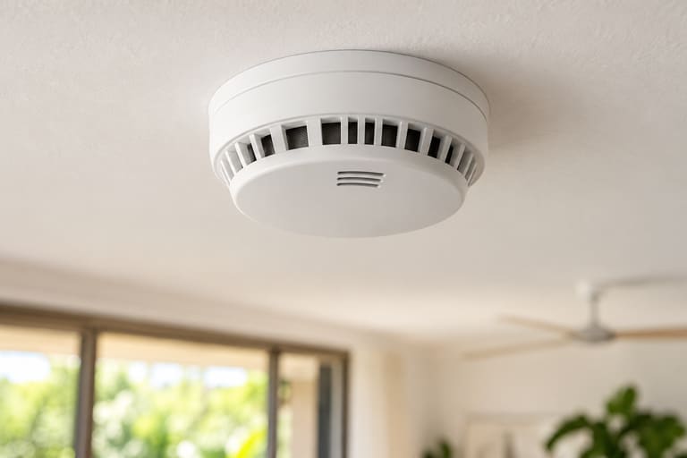 Photo 4: A white smoke alarm on a ceiling. Illustration