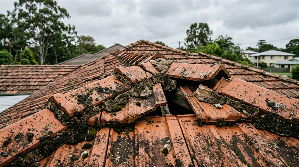 Cracked and slipped roof tiles with crumbling ridge pointing