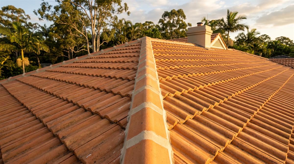 A tiled roof with every tile sitting straight and fresh ridge pointing