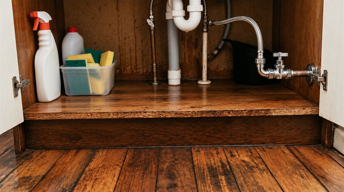 The same cupboard with a new braided flexi hose and isolation valve fitted and the floor dry. Illustration