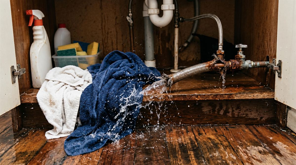 A rusted braided flexi hose under a sink spraying water over towels and the cupboard floor. Illustration