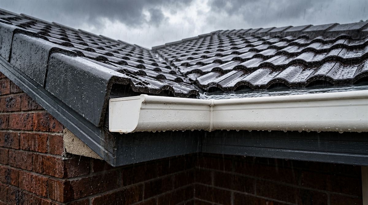 The same gutter cleared of leaves, carrying the rain away. Illustration