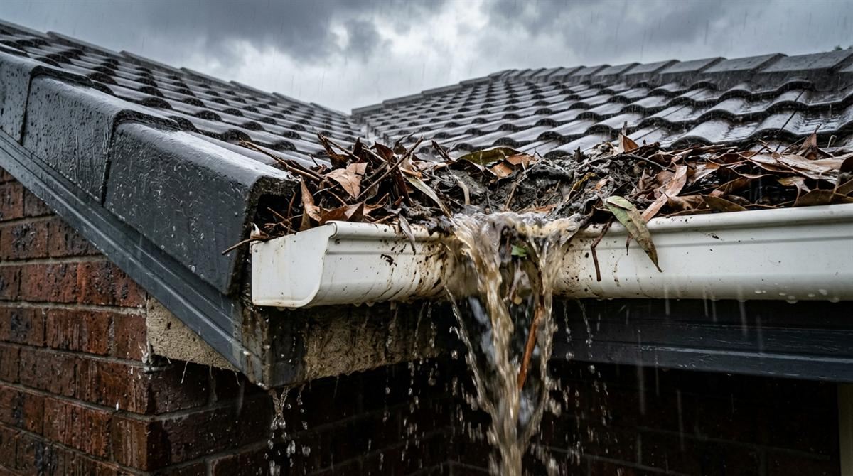 A gutter packed with leaves overflowing down a brick wall in heavy rain. Illustration