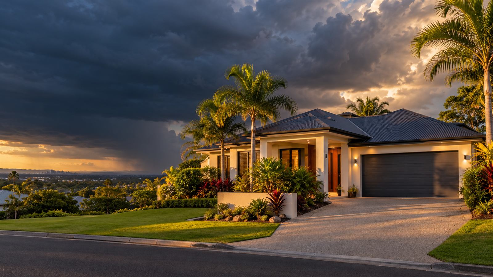 A South East Queensland home with storm clouds building behind it