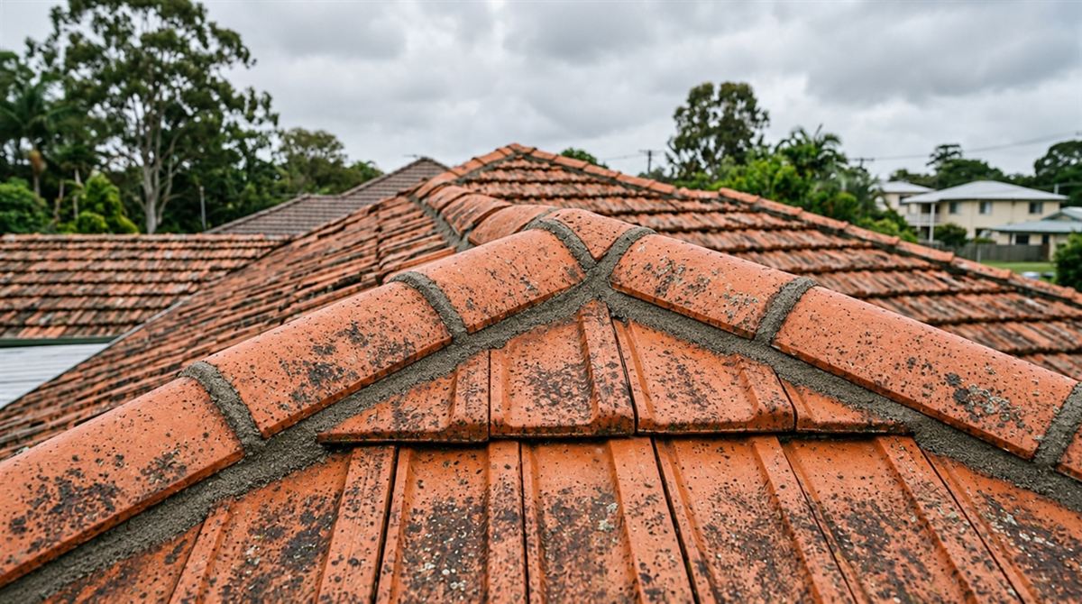 The same roof with whole tiles sitting flat and the ridge capping bedded and freshly repointed. Illustration