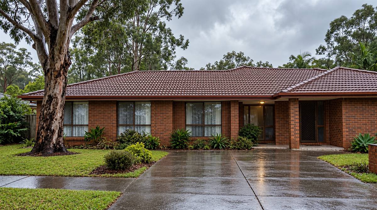 The same home with the gum tree pruned clear of the roofline and the roof whole. Illustration