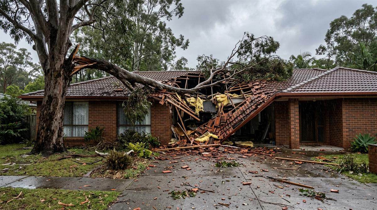 A large gum tree limb has come down through the tiled roof of a brick home. Illustration