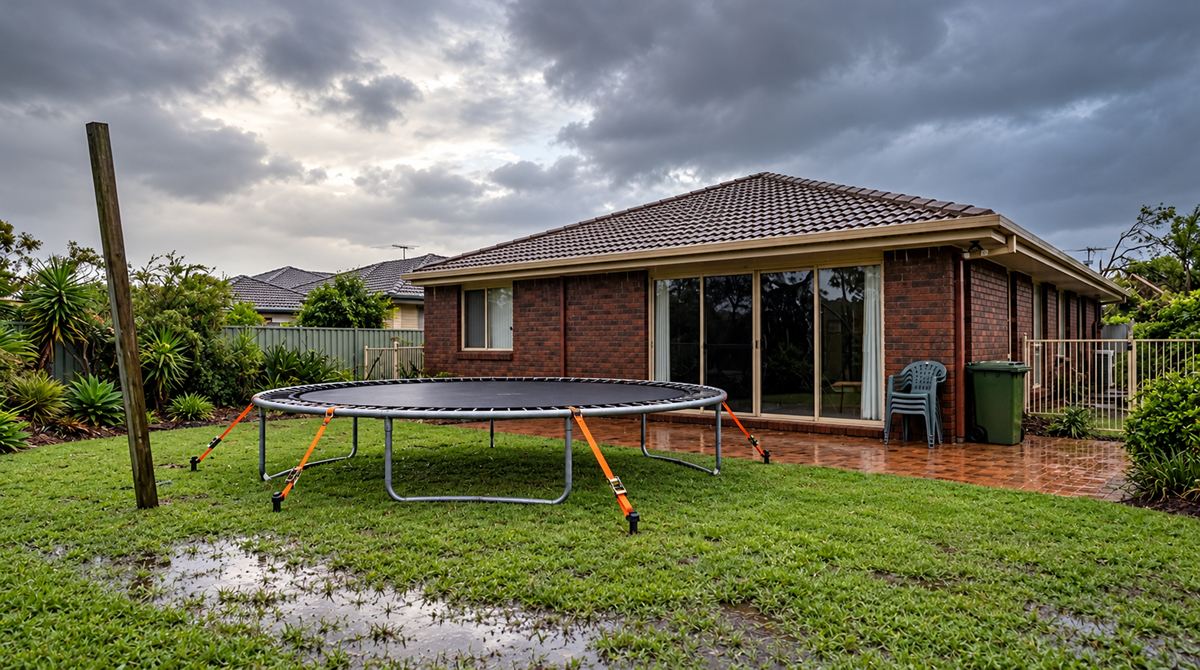 The same backyard with the trampoline strapped down, the sail taken down and the chairs and bin stacked by the wall. Illustration