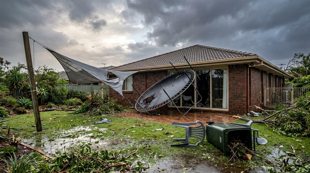 A backyard after a storm with a trampoline through the glass doors and a torn shade sail