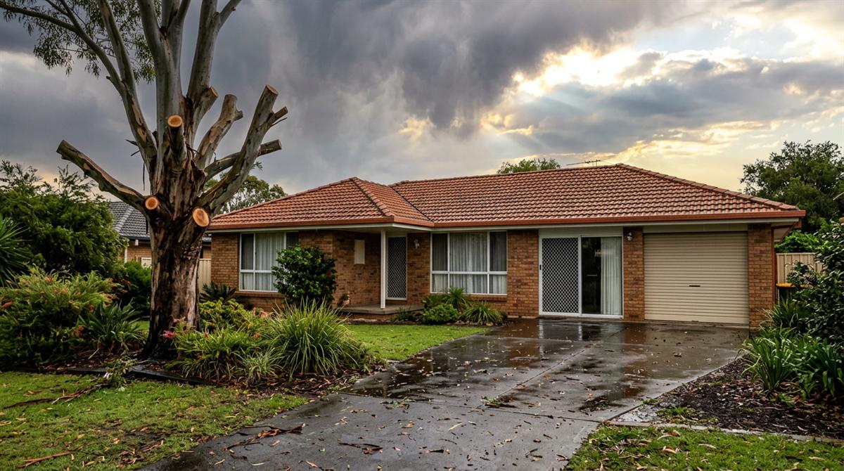 A home with the tree trimmed back from the roof, roof intact after a storm